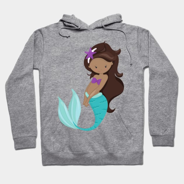 African American Mermaid, Brown Hair, Starfish Hoodie by Jelena Dunčević